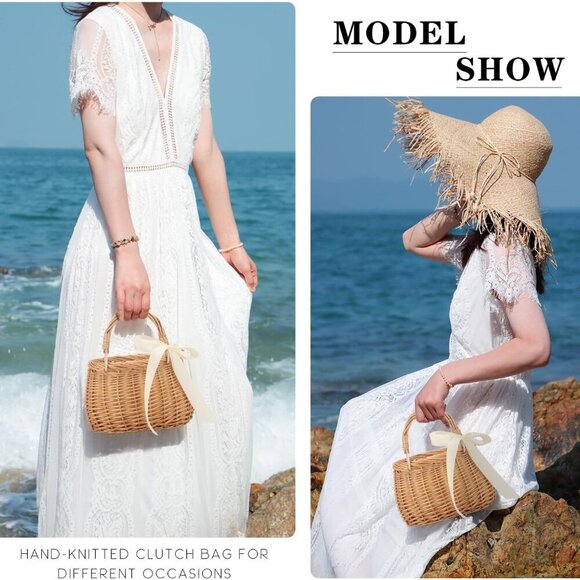 Natural Wicker Handbag Rattan Woven Basket Purse Straw Beach Tote for Women - Picture 6 of 8